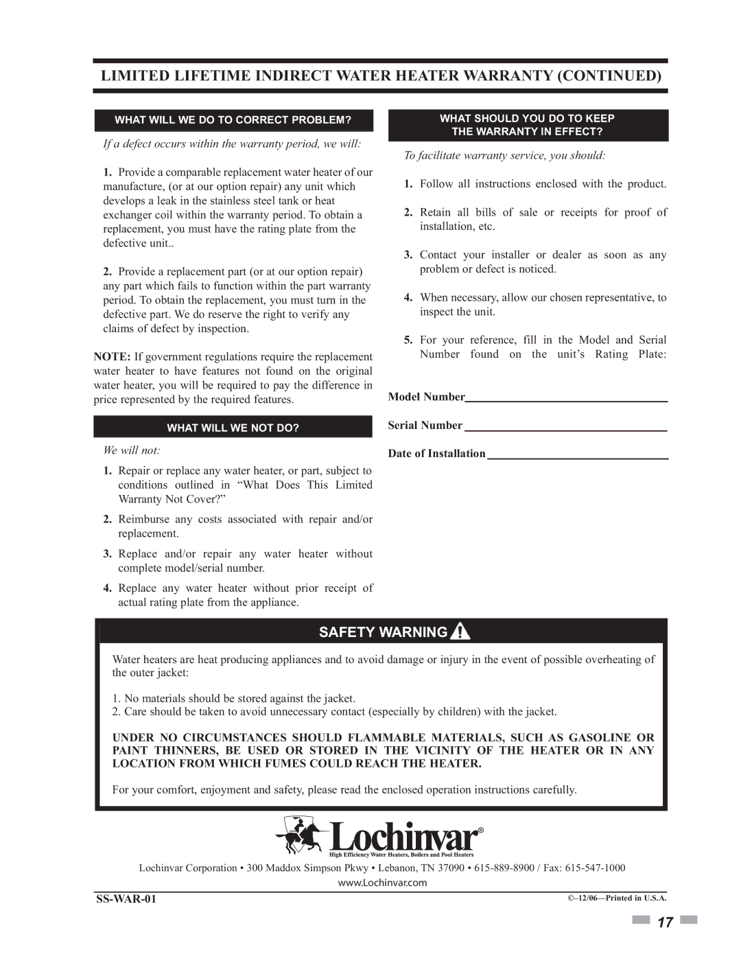 Lochinvar SSS03 Limited Lifetime Indirect Water Heater Warranty, Model Number Serial Number Date of Installation 