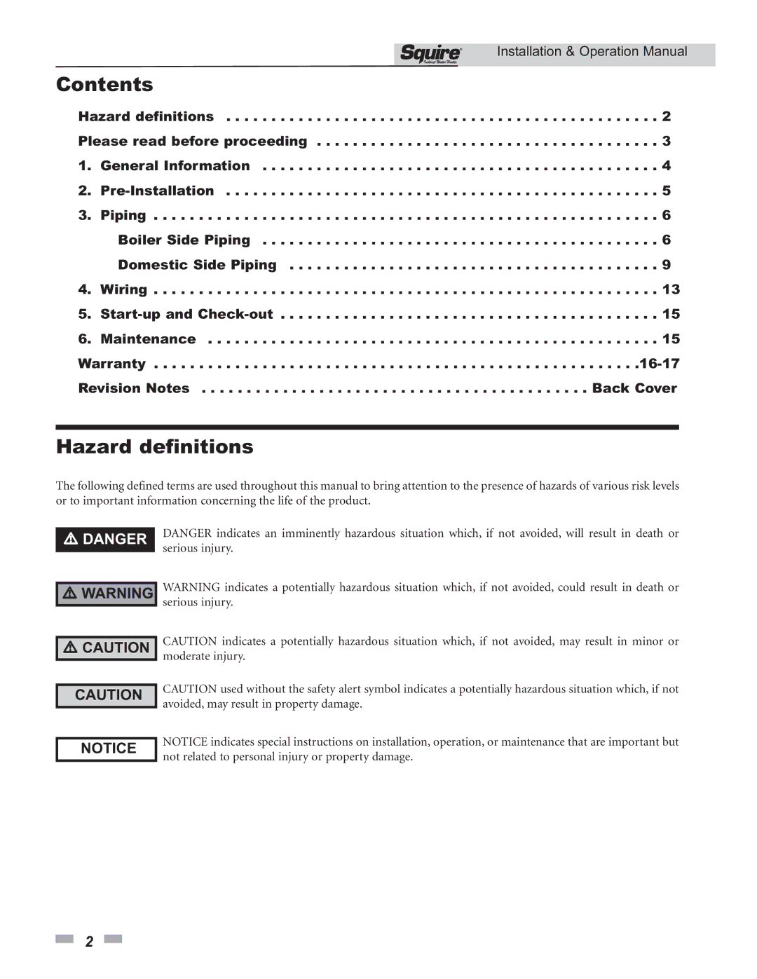 Lochinvar SSS03 operation manual Contents, Hazard definitions 