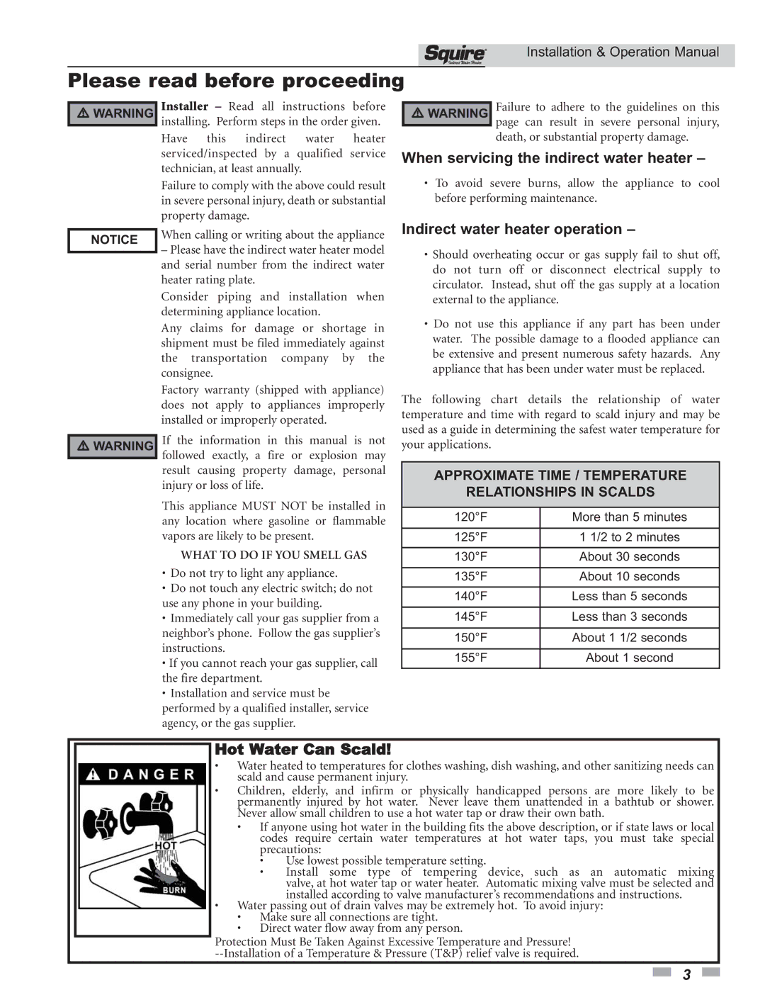 Lochinvar SSS03 operation manual Please read before proceeding, When servicing the indirect water heater 