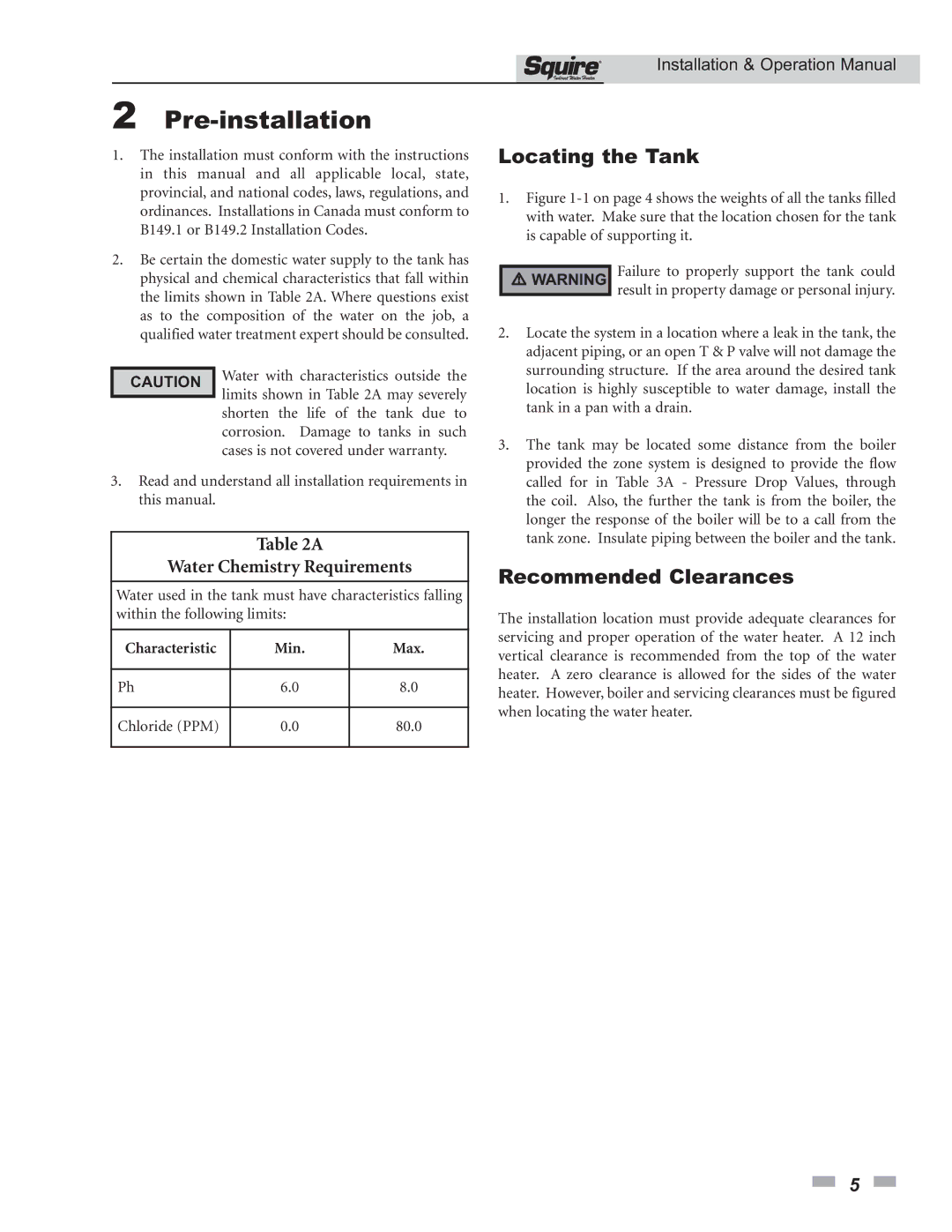 Lochinvar SSS03 operation manual Pre-installation, Locating the Tank, Recommended Clearances, Characteristic Min Max 