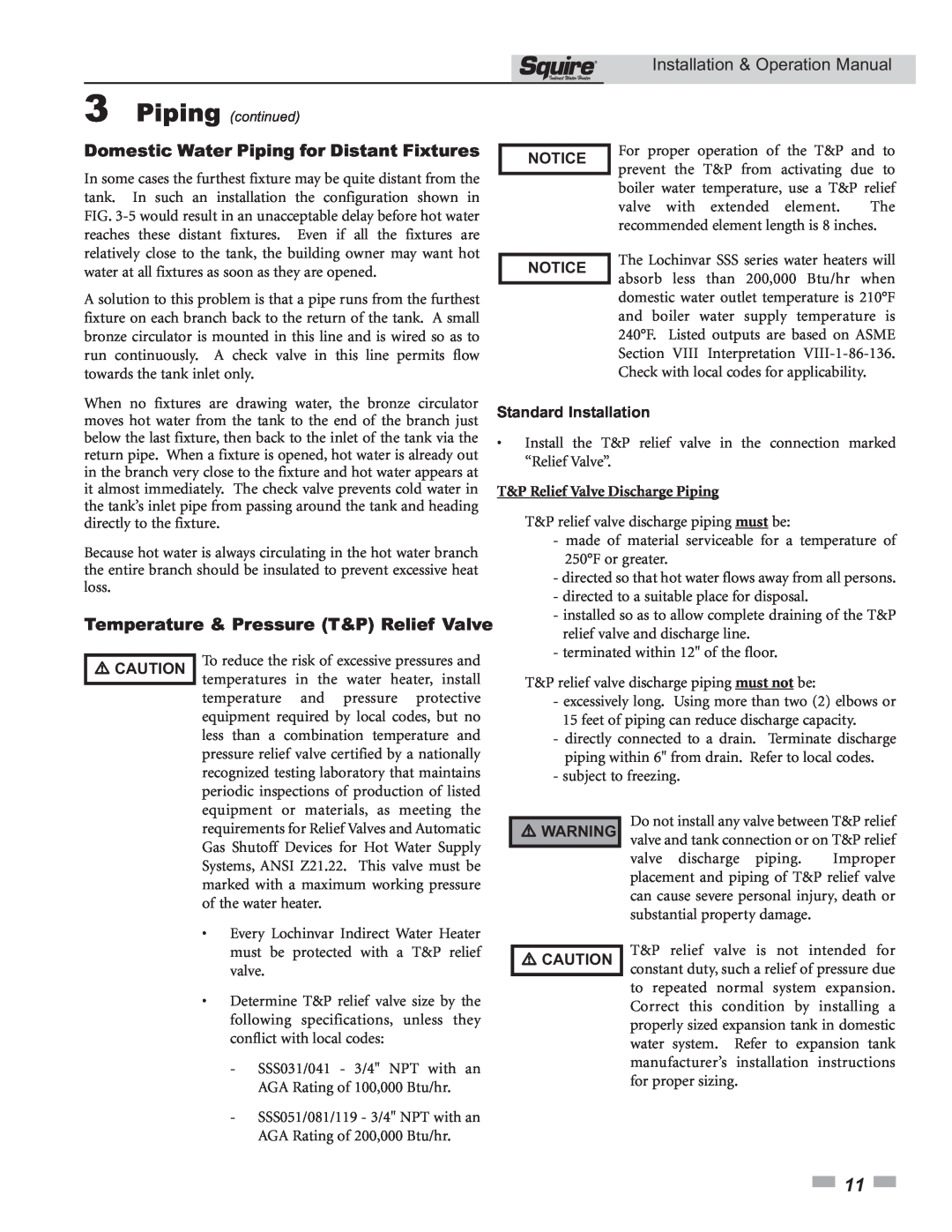 Lochinvar SSS03 Domestic Water Piping for Distant Fixtures, Temperature & Pressure T&P Relief Valve, Notice Notice 