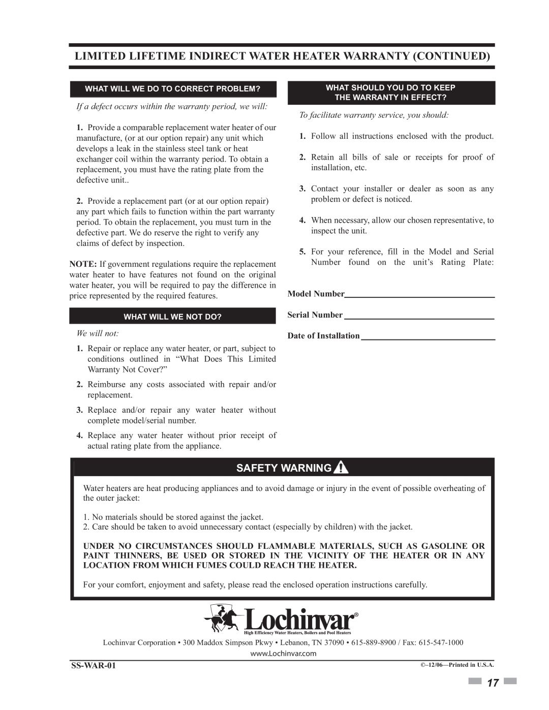 Lochinvar SSS03 operation manual Safety Warning, We will not, To facilitate warranty service, you should, SS-WAR-01 
