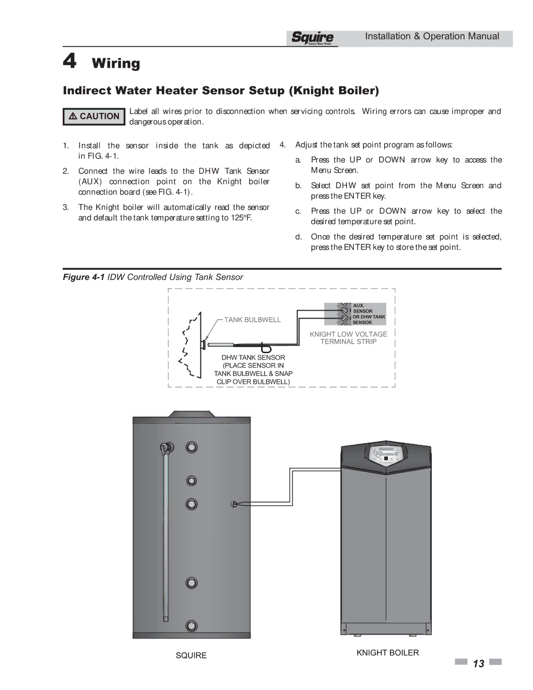 Lochinvar SSS031, SSS081, SSS051, SSS041, SSS119 operation manual Wiring, Indirect Water Heater Sensor Setup Knight Boiler 