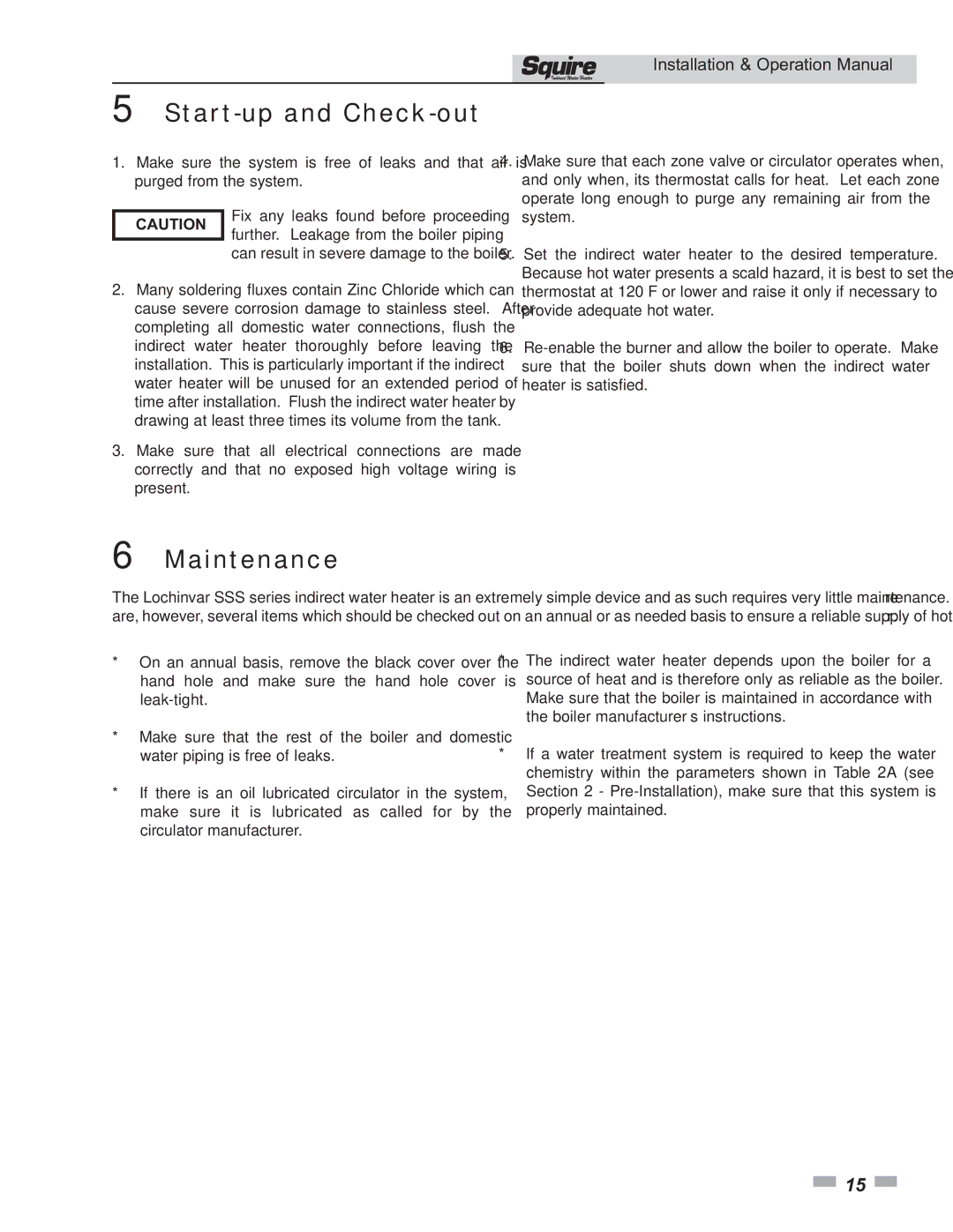 Lochinvar SSS081, SSS051, SSS041, SSS031, SSS119 operation manual Start-up and Check-out, Maintenance 