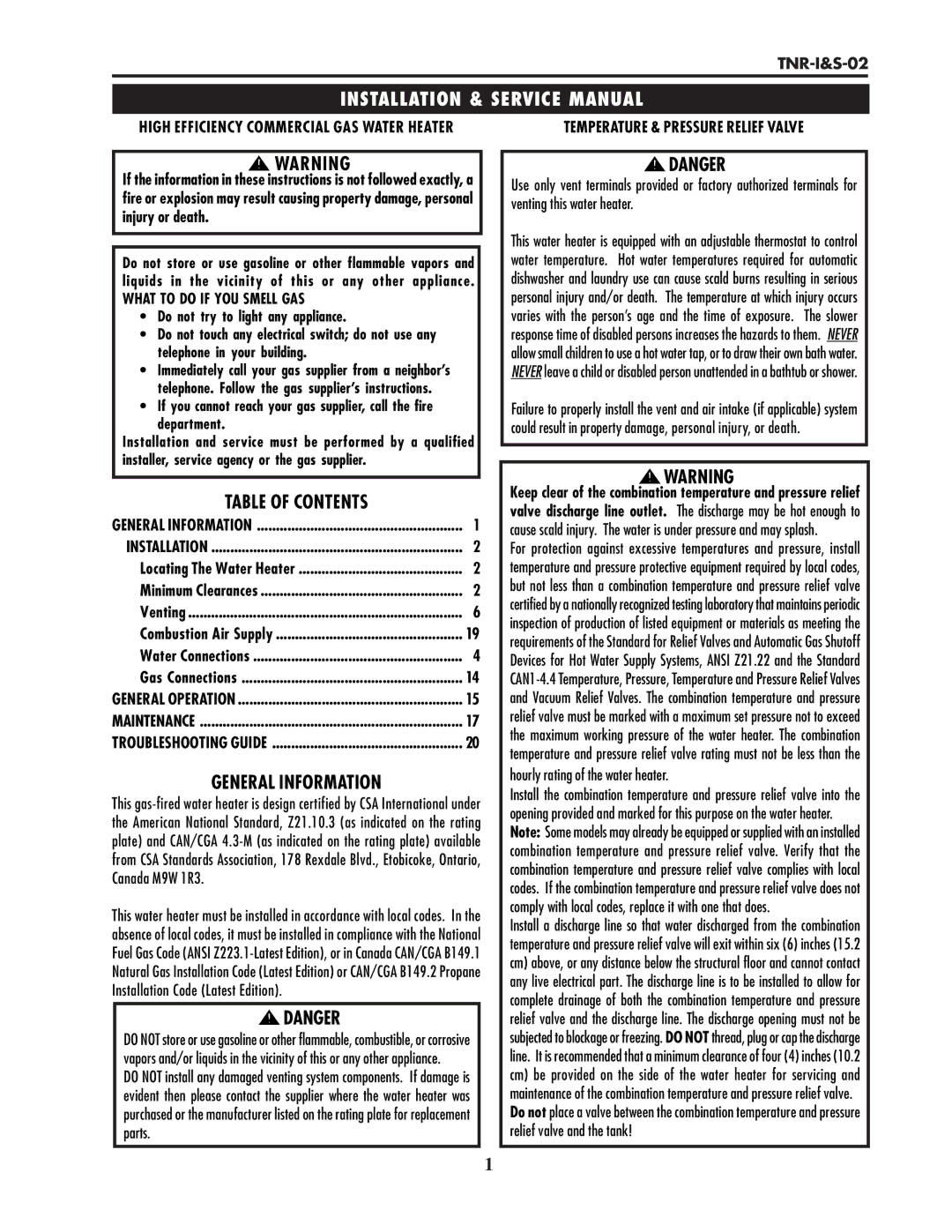 Lochinvar TNR-I&S-02 service manual Table of Contents, General Information 