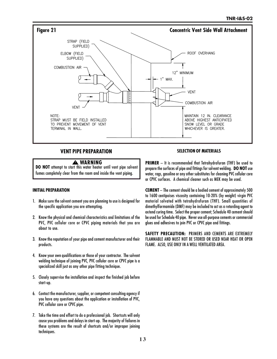 Lochinvar TNR-I&S-02 service manual Vent Pipe Preparation, Initial Preparation, Selection of Materials 