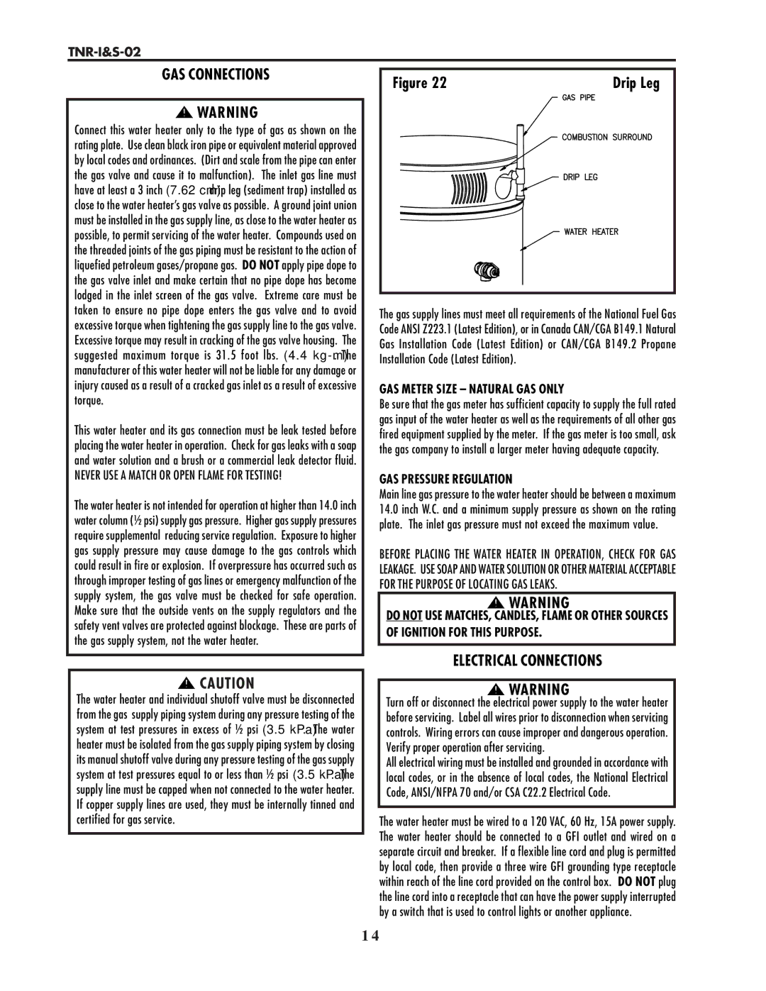 Lochinvar TNR-I&S-02 GAS Connections, Electrical Connections, GAS Meter Size Natural GAS only, GAS Pressure Regulation 