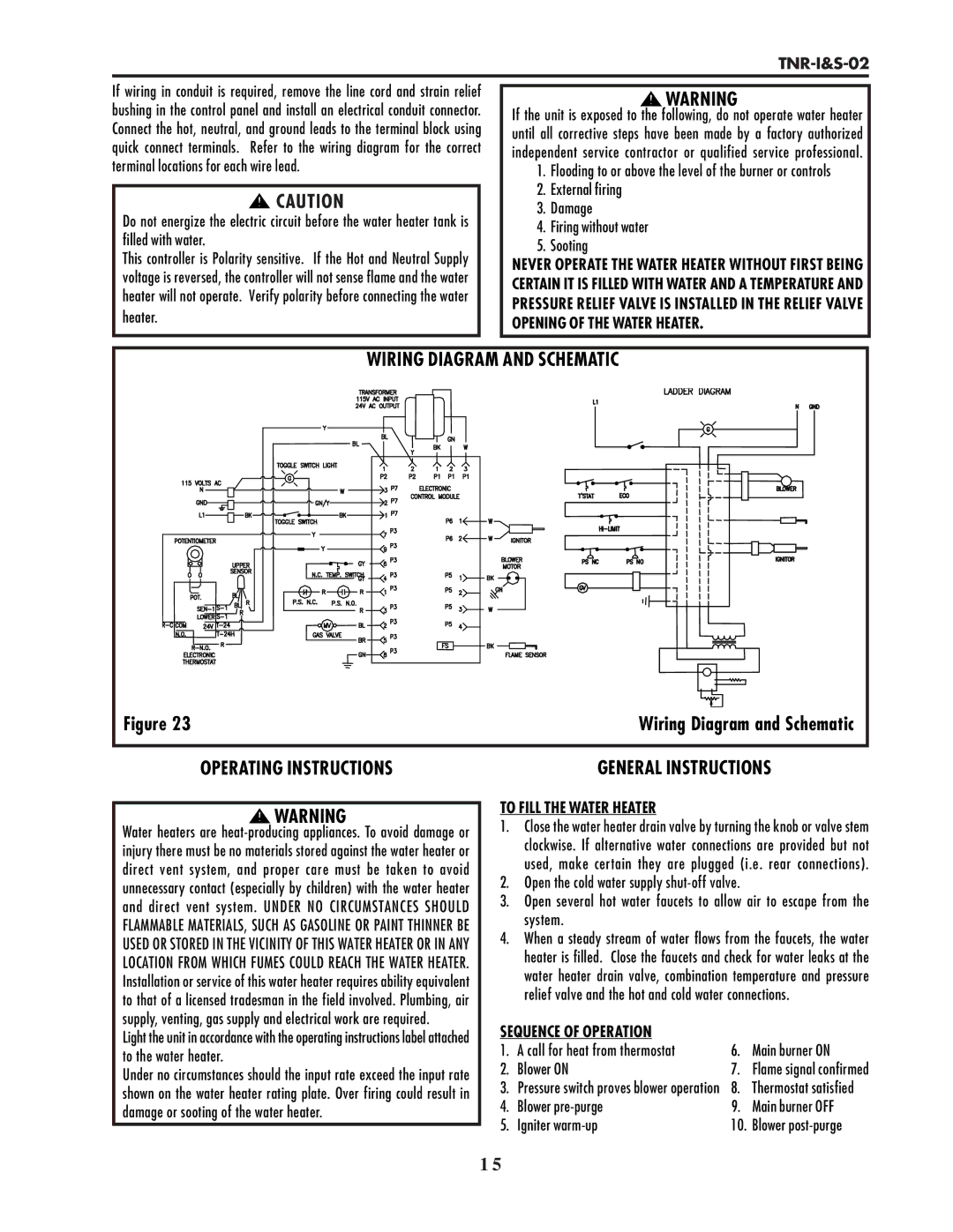 Lochinvar TNR-I&S-02 Wiring Diagram and Schematic, Operating Instructions General Instructions, To Fill the Water Heater 