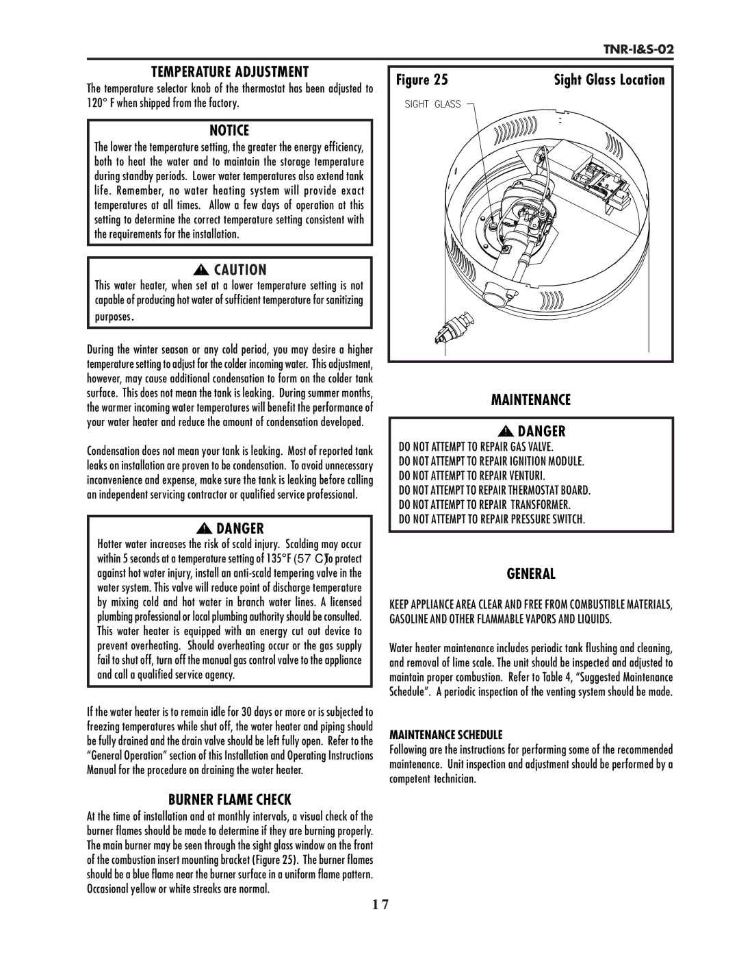 Lochinvar TNR-I&S-02 service manual General, Burner Flame Check, Sight Glass Location, Maintenance Schedule 