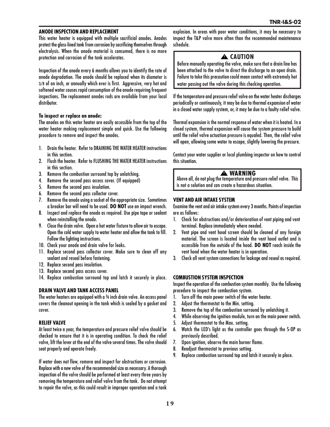 Lochinvar TNR-I&S-02 service manual Anode Inspection and Replacement, Drain Valve and Tank Access Panel, Relief Valve 