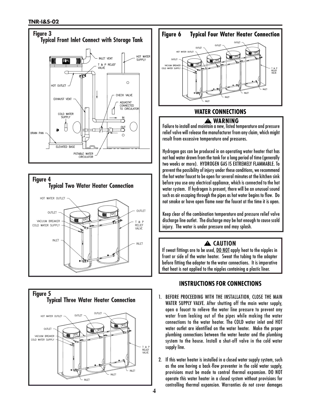 Lochinvar TNR-I&S-02 Water Connections, Instructions for Connections, Result from excessive temperature and pressures 