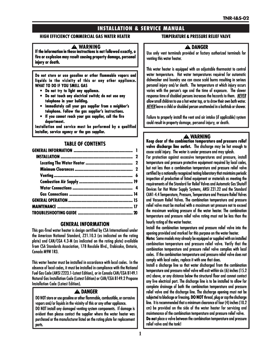 Lochinvar TNR-I&S-02 service manual Table Of Contents, General Information, Danger, What To Do If You Smell Gas 