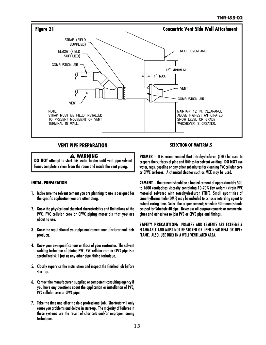 Lochinvar TNR-I&S-02 service manual Vent Pipe Preparation, Concentric Vent Side Wall Attachment, Initial Preparation 