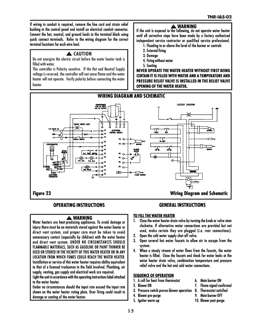 Lochinvar TNR-I&S-02 Wiring Diagram And Schematic, Operating Instructions, General Instructions, To Fill The Water Heater 