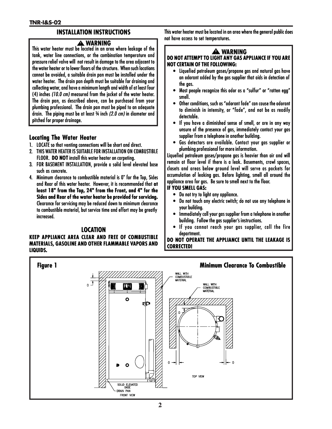 Lochinvar TNR-I&S-02 Installation Instructions, Locating The Water Heater, Location, Minimum Clearance To Combustible 
