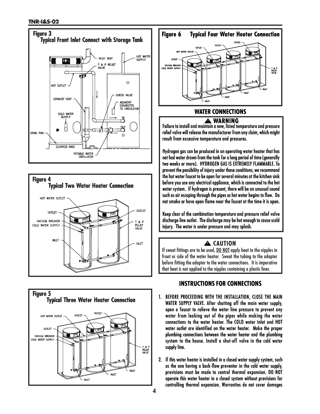 Lochinvar TNR-I&S-02 service manual Water Connections, Typical Two Water Heater Connection, Instructions For Connections 