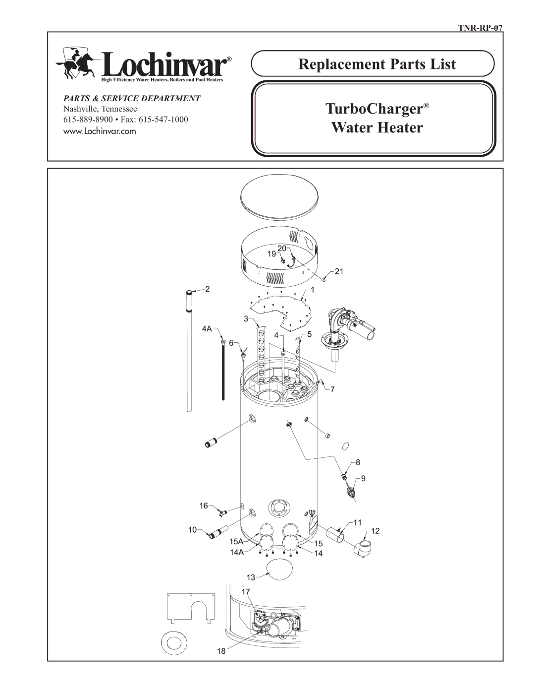 Lochinvar TurboCharger manual Replacement Parts List 