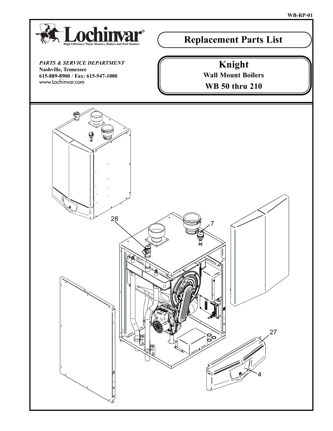 Lochinvar WB 50 thru 210 manual Replacement Parts List Knight 