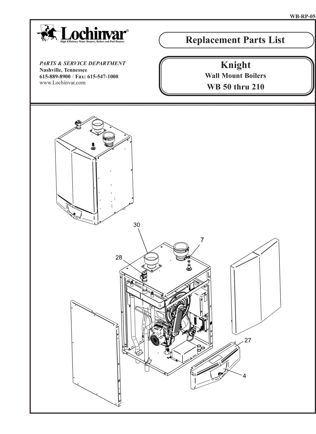 Lochinvar WB50 thru 210 manual Replacement Parts List 