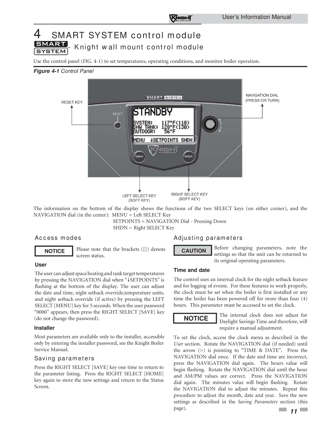 Lochinvar WH 55 - 399 manual Smart System control module, User, Installer, Time and date 