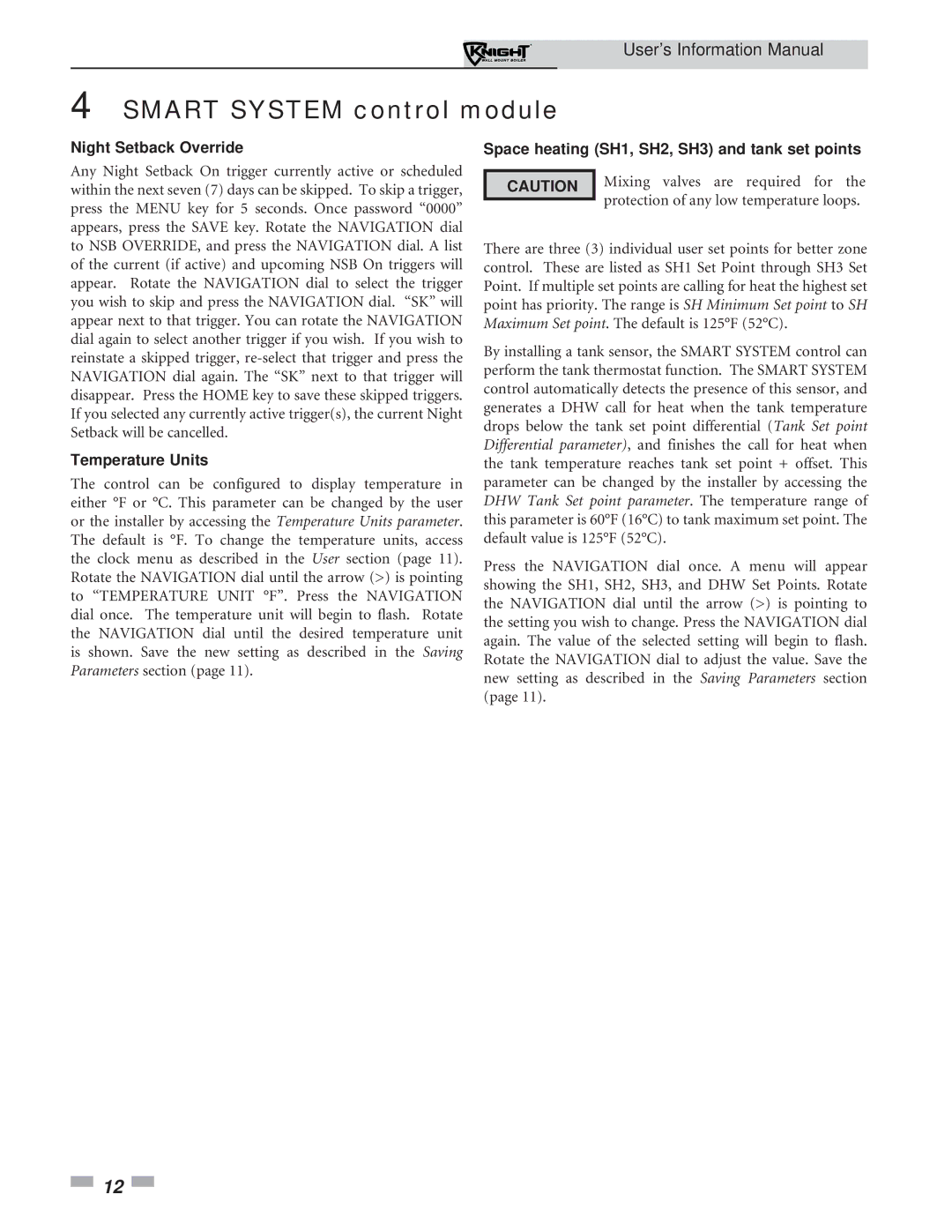 Lochinvar WH 55 - 399 manual Night Setback Override, Temperature Units, Space heating SH1, SH2, SH3 and tank set points 