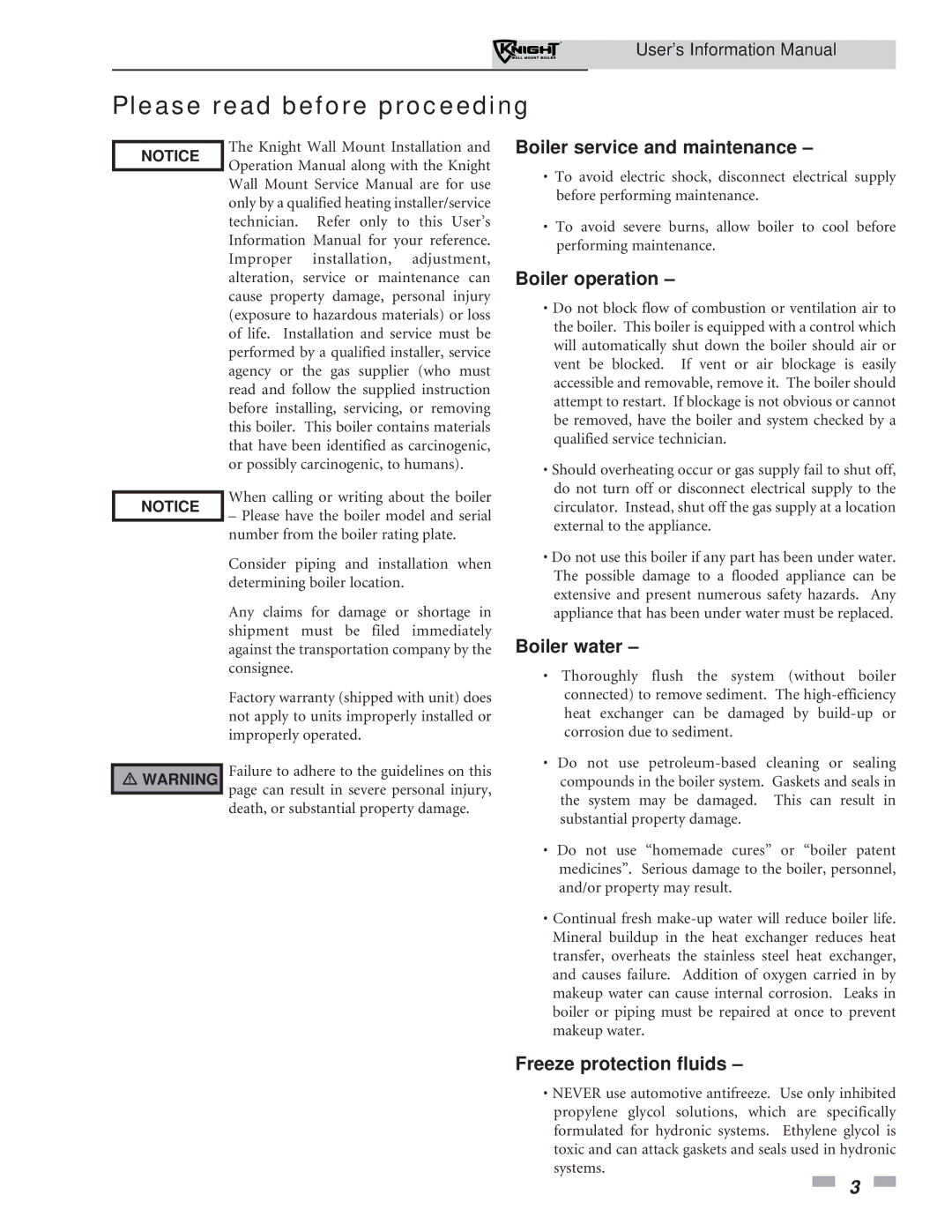 Lochinvar WH 55 - 399 manual Please read before proceeding, Boiler service and maintenance 