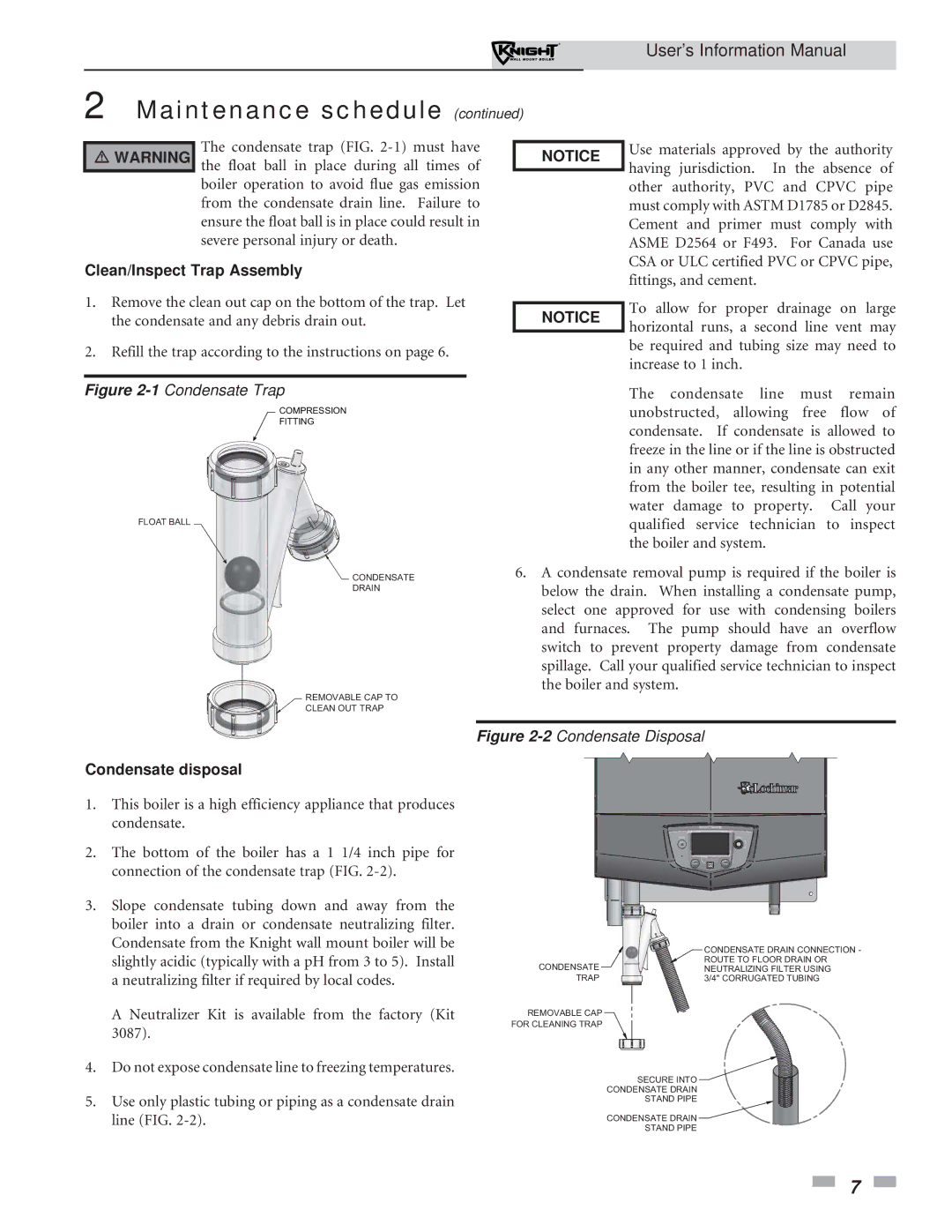 Lochinvar WH 55 - 399 manual Clean/Inspect Trap Assembly, Condensate disposal 