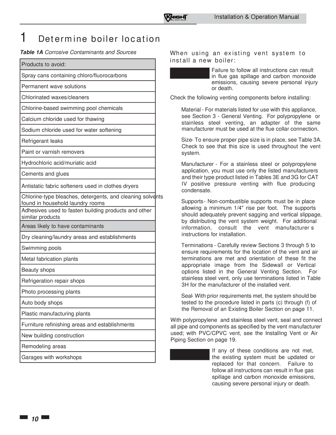 Lochinvar WH 55-399 operation manual When using an existing vent system to install a new boiler, Products to avoid 