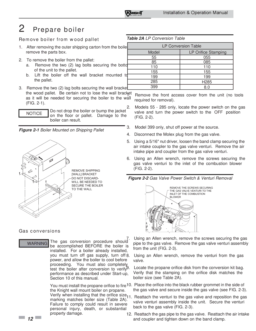 Lochinvar WH 55-399 operation manual Prepare boiler, Remove boiler from wood pallet, Gas conversions 