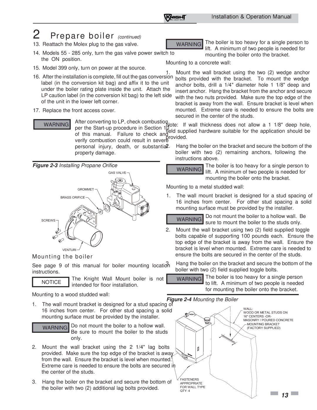 Lochinvar WH 55-399 operation manual Mounting the boiler, Mounting to a wood studded wall, Mounting to a concrete wall 