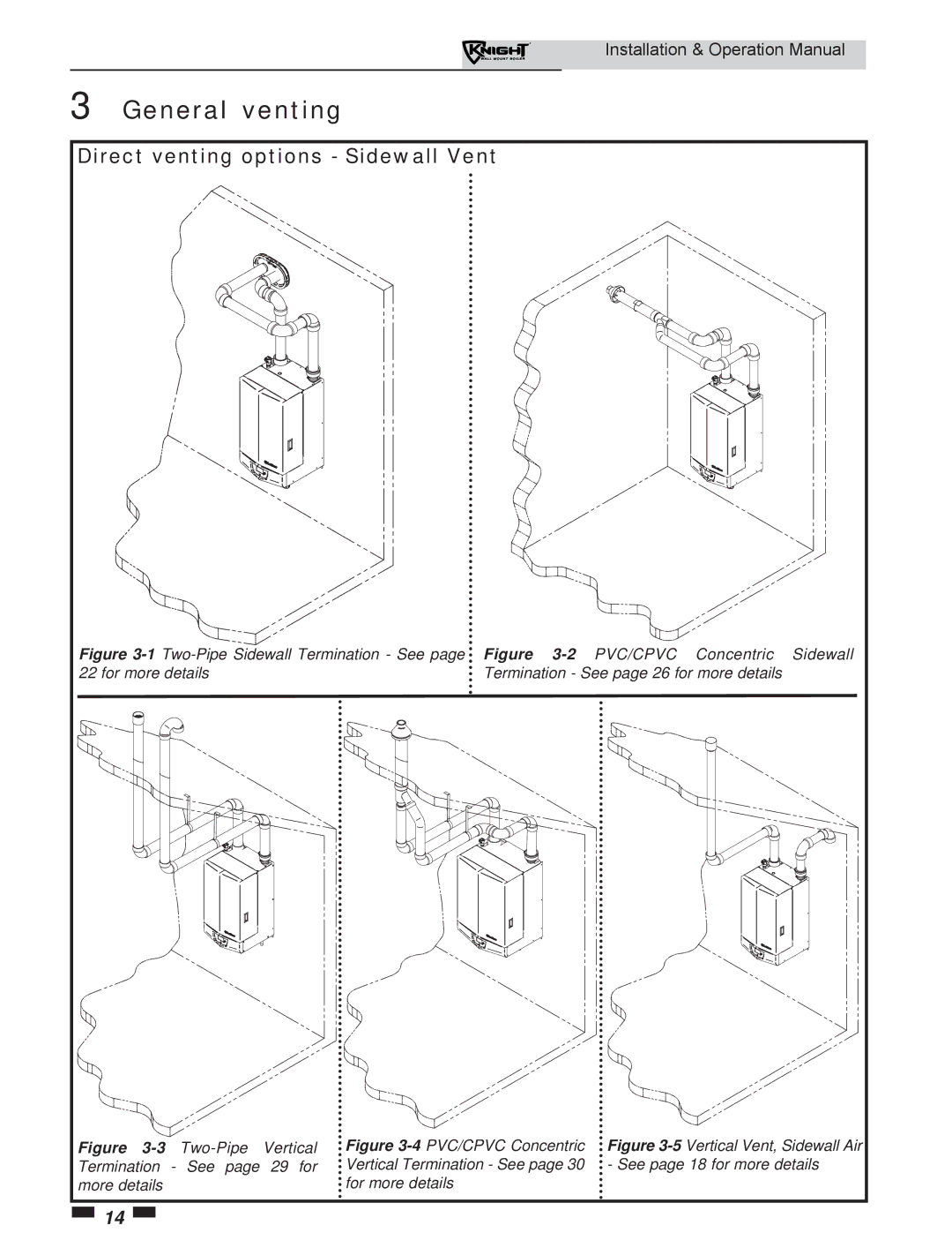 Lochinvar WH 55-399 operation manual General venting, Direct venting options Sidewall Vent 