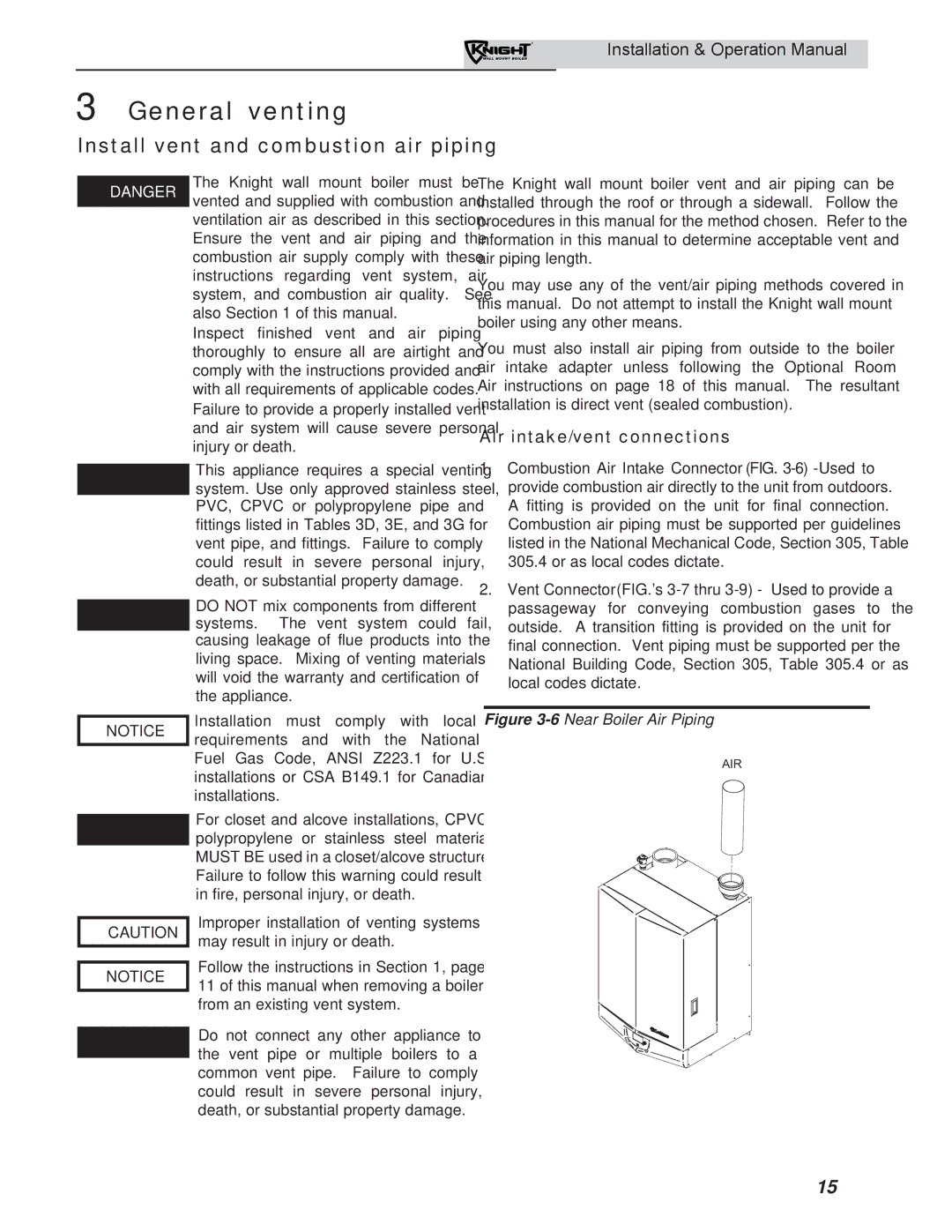 Lochinvar WH 55-399 operation manual Install vent and combustion air piping, Air intake/vent connections 