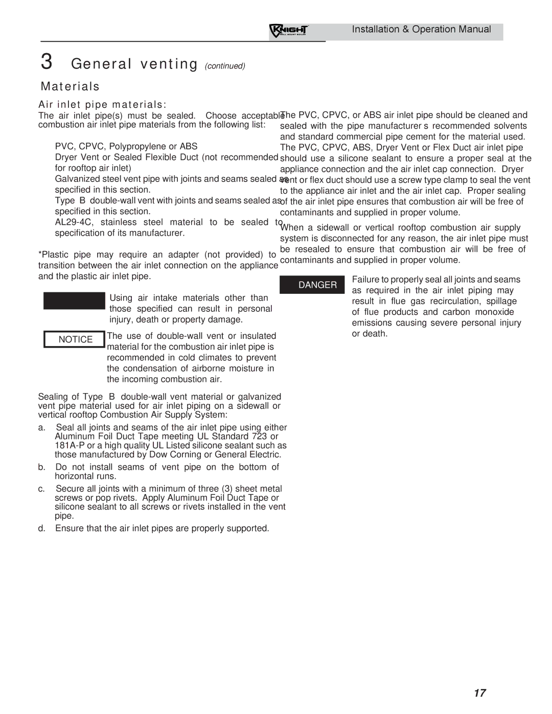 Lochinvar WH 55-399 operation manual Materials, Air inlet pipe materials 