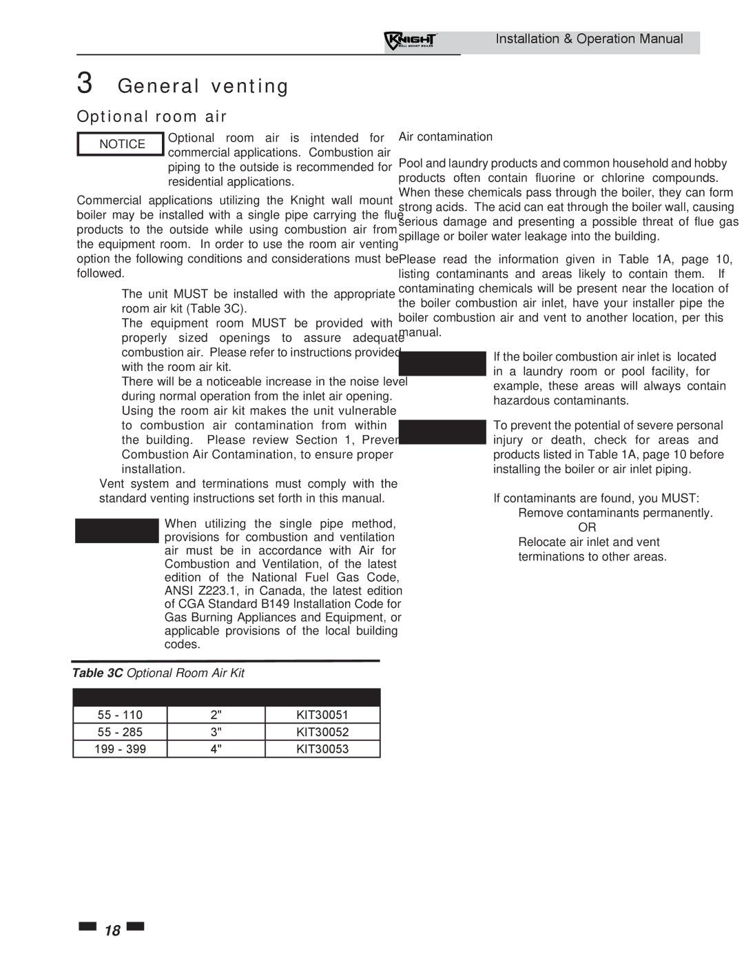 Lochinvar WH 55-399 operation manual Optional room air, Air contamination 