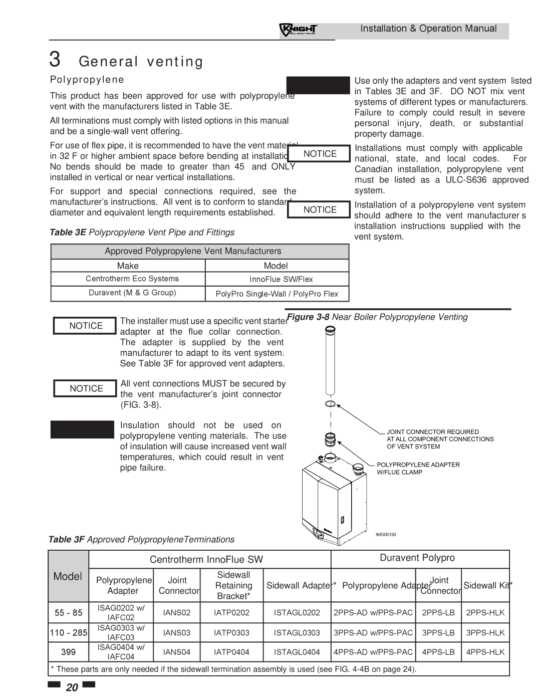 Lochinvar WH 55-399 operation manual Model, Polypropylene, Centrotherm InnoFlue SW Duravent Polypro 