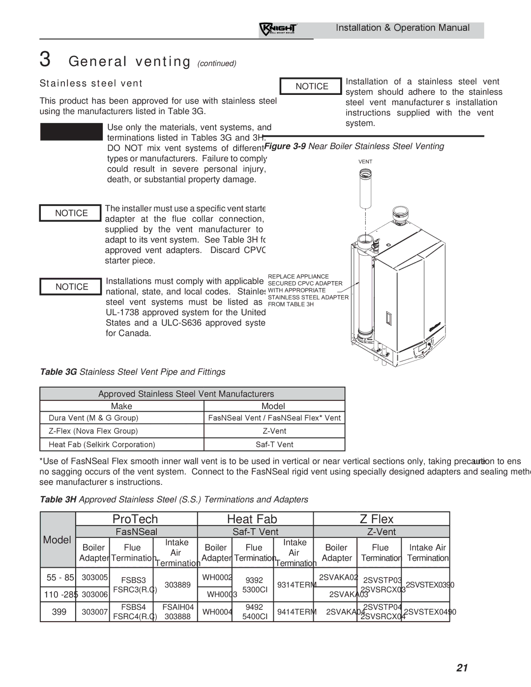 Lochinvar WH 55-399 operation manual Stainless steel vent 