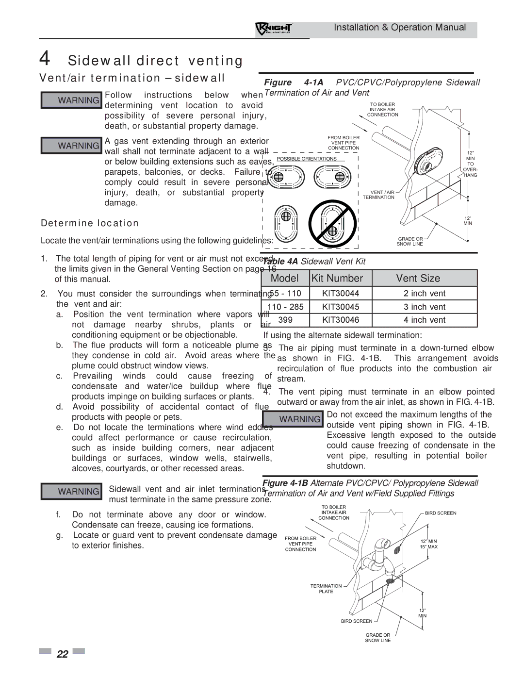 Lochinvar WH 55-399 operation manual Sidewall direct venting, Vent/air termination sidewall, Determine location 