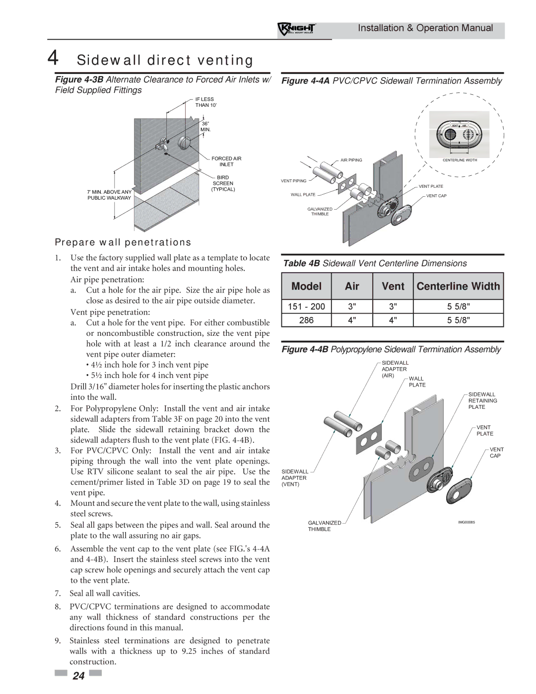 Lochinvar WH 55-399 operation manual Model Air Vent Centerline Width, Prepare wall penetrations 