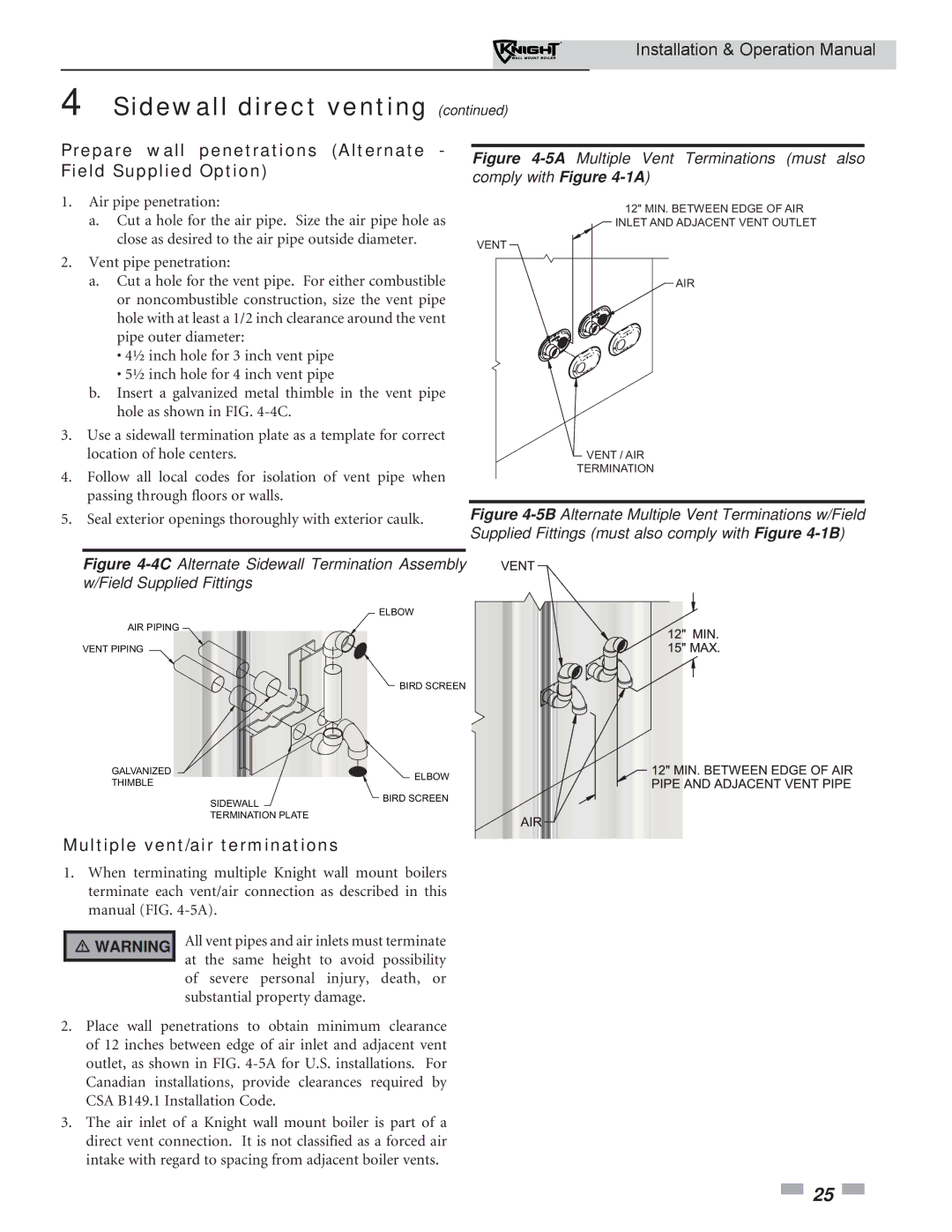 Lochinvar WH 55-399 Prepare wall penetrations Alternate Field Supplied Option, Multiple vent/air terminations 