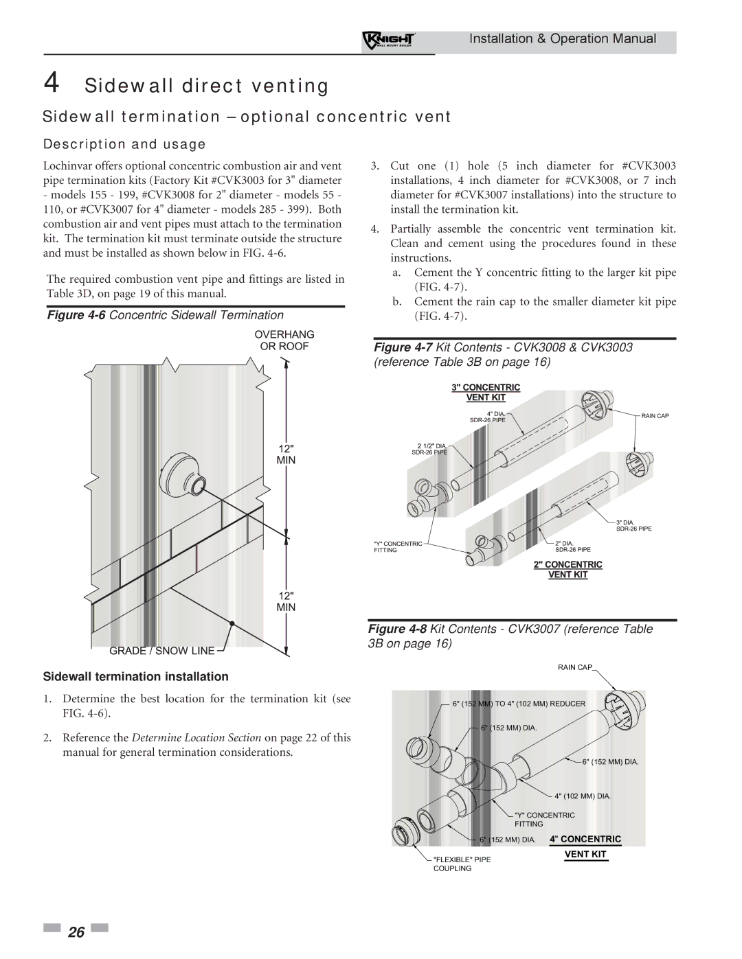 Lochinvar WH 55-399 operation manual Sidewall termination optional concentric vent, Description and usage 