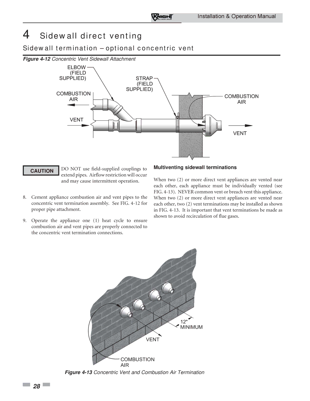 Lochinvar WH 55-399 operation manual 12Concentric Vent Sidewall Attachment, Multiventing sidewall terminations 