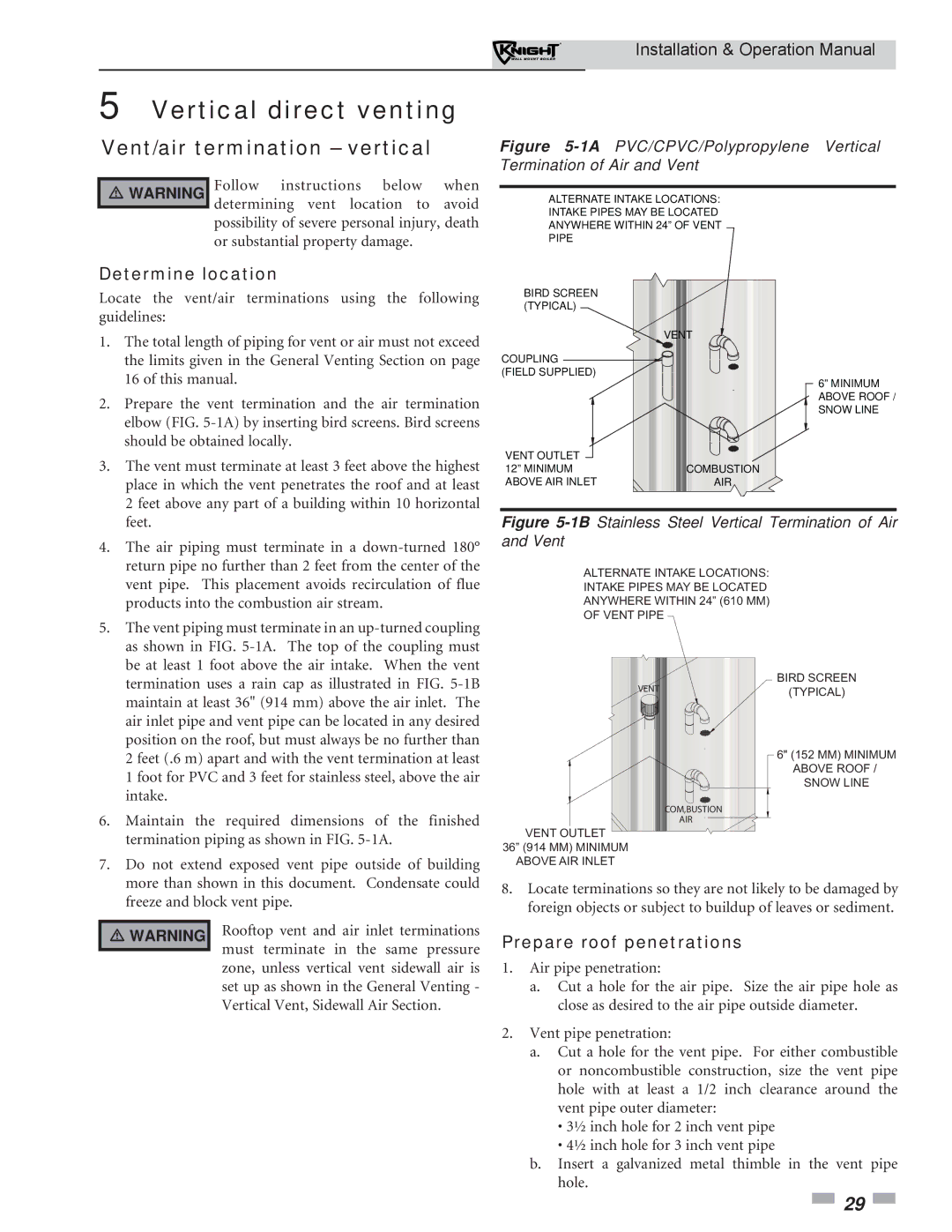 Lochinvar WH 55-399 operation manual Vertical direct venting, Vent/air termination vertical, Prepare roof penetrations 