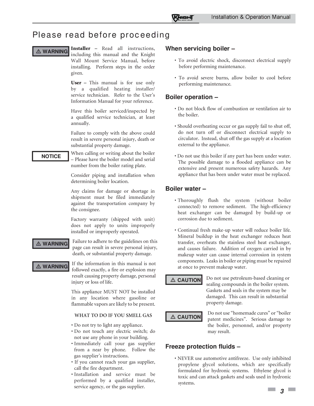 Lochinvar WH 55-399 operation manual Please read before proceeding, When servicing boiler, Boiler operation, Boiler water 