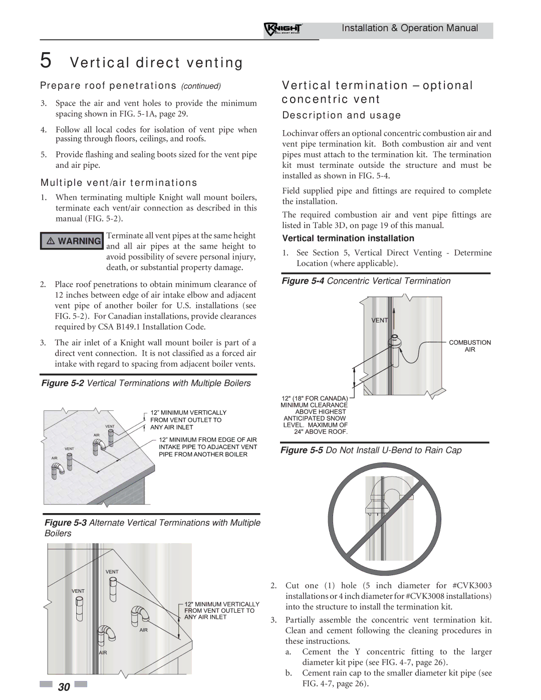 Lochinvar WH 55-399 operation manual Vertical termination optional concentric vent, Vertical termination installation 