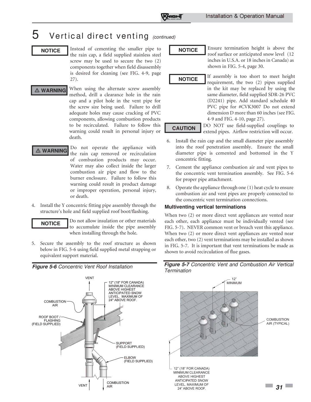 Lochinvar WH 55-399 operation manual Multiventing vertical terminations, Minimum Combustion AIR Typical 