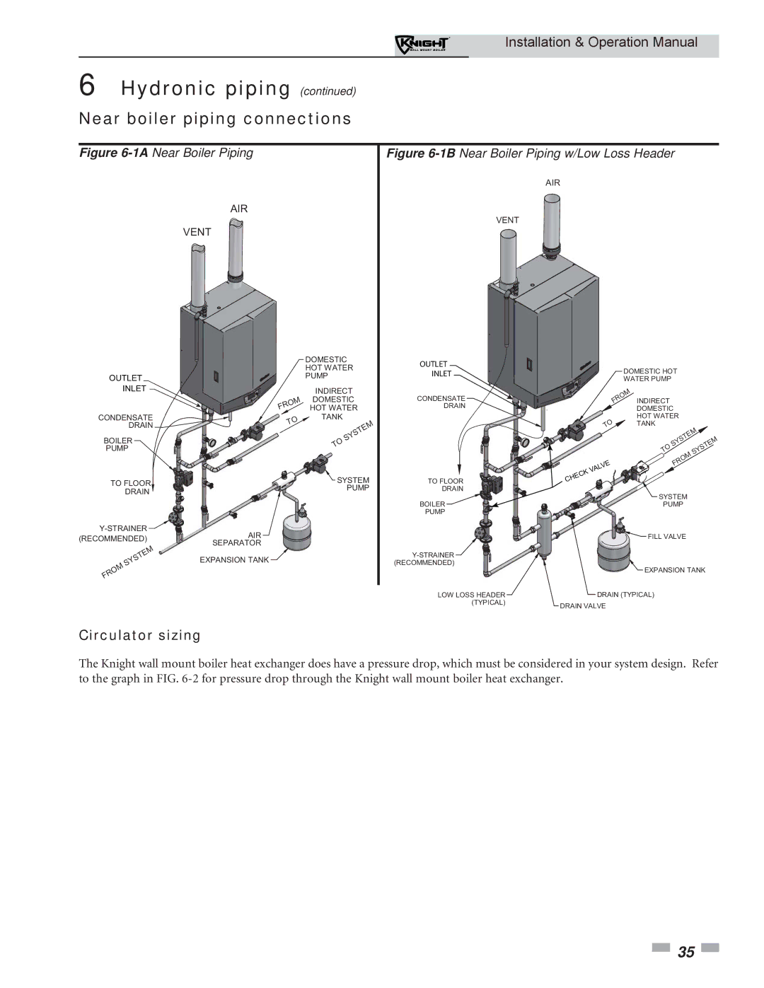 Lochinvar WH 55-399 operation manual Near boiler piping connections, Circulator sizing 