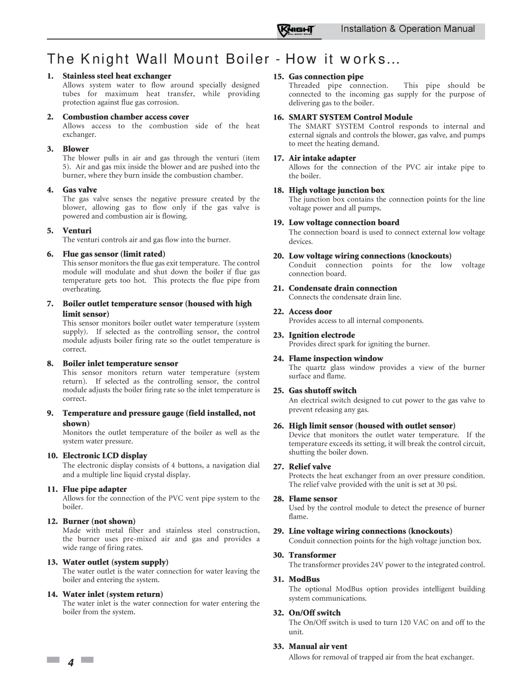 Lochinvar WH 55-399 operation manual Knight Wall Mount Boiler How it works, Stainless steel heat exchanger 