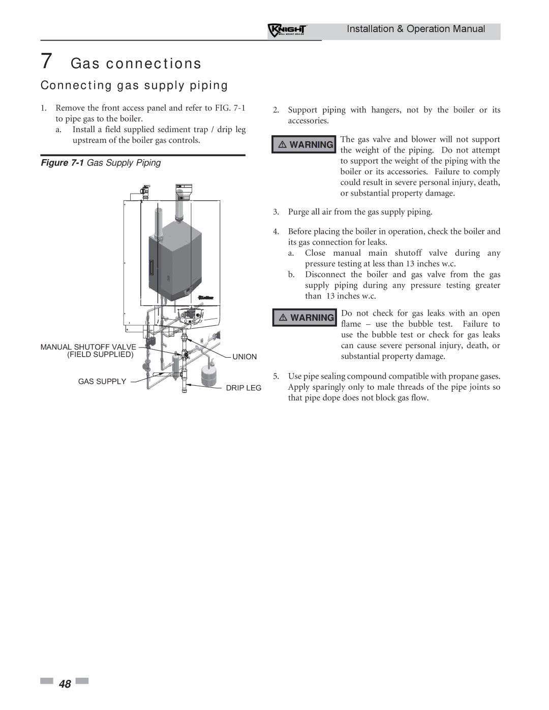 Lochinvar WH 55-399 operation manual Gas connections, Connecting gas supply piping 