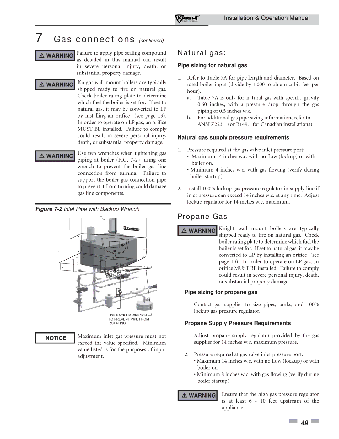 Lochinvar WH 55-399 operation manual Natural gas, Propane Gas 