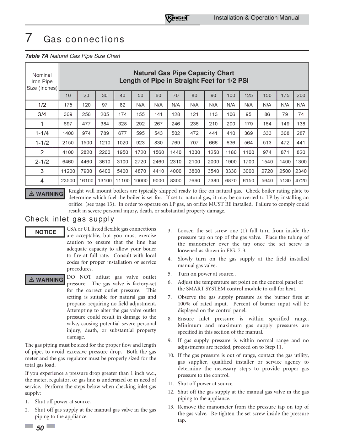 Lochinvar WH 55-399 Check inlet gas supply, Natural Gas Pipe Capacity Chart, Length of Pipe in Straight Feet for 1/2 PSI 